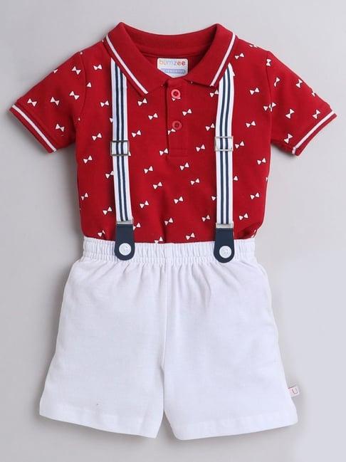 bumzee kids red & white printed polo t-shirt set