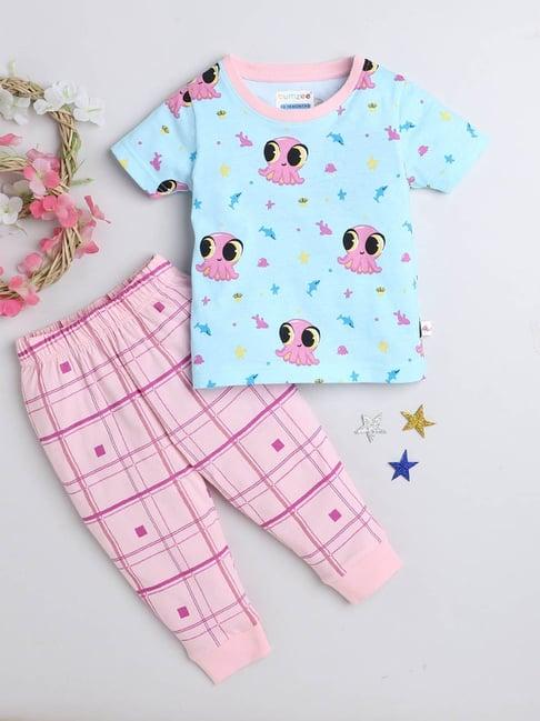 bumzee kids sky blue & pink printed t-shirt with pyjamas