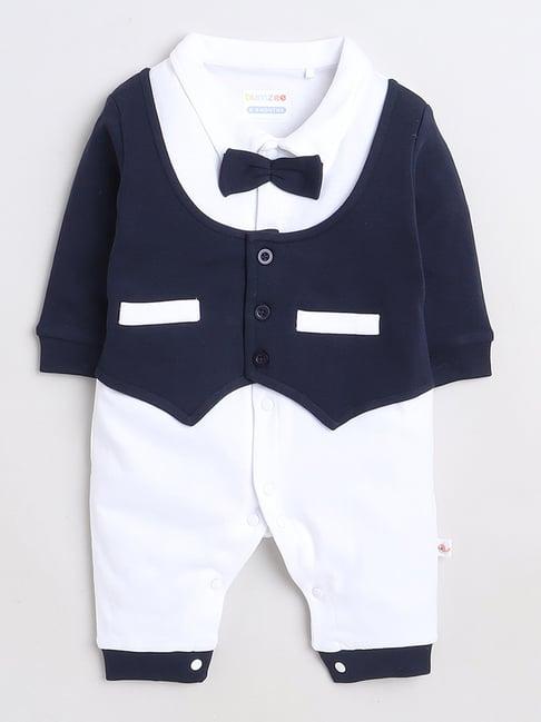 bumzee kids white & navy solid full sleeves sleepsuit