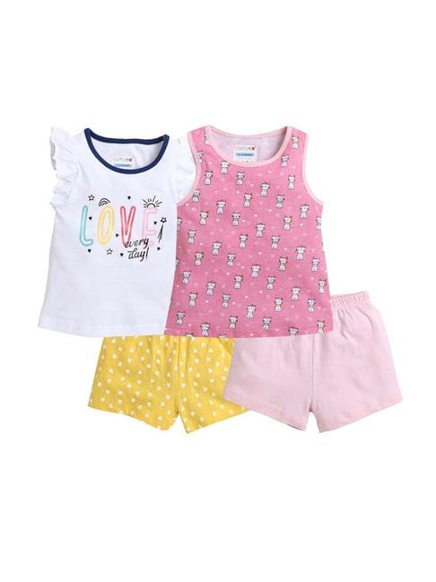 bumzee kids white & pink cotton printed clothing sets