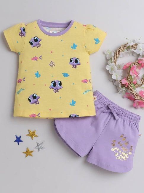 bumzee kids yellow & lavender printed t-shirt with shorts