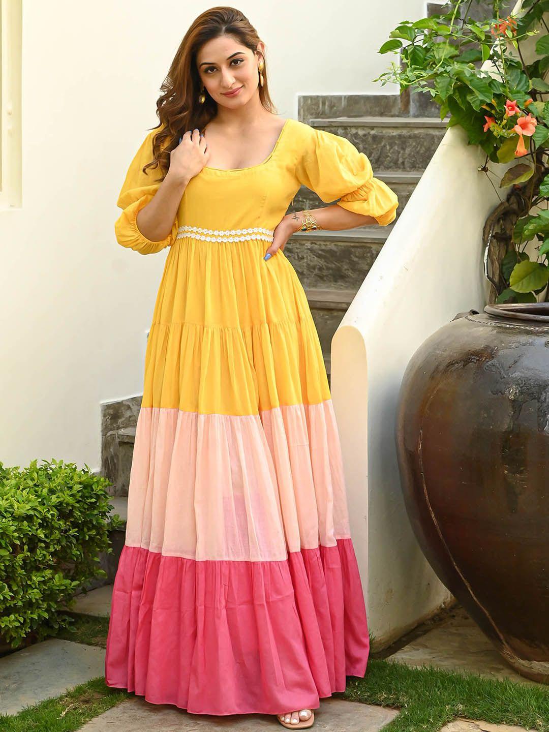 bunaai colourblocked cotton tiered fit & flare maxi ethnic dress
