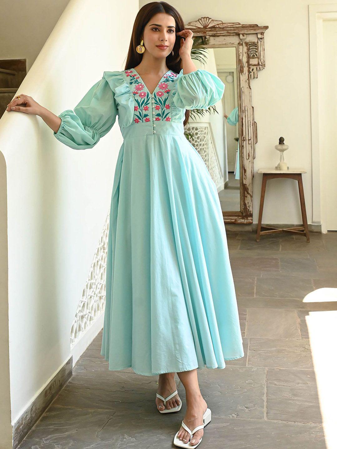 bunaai embroidered cotton fit & flare ethnic dress
