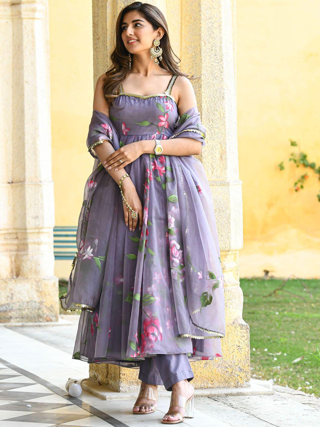 bunaai floral printed anarkali kurta with trousers & dupatta