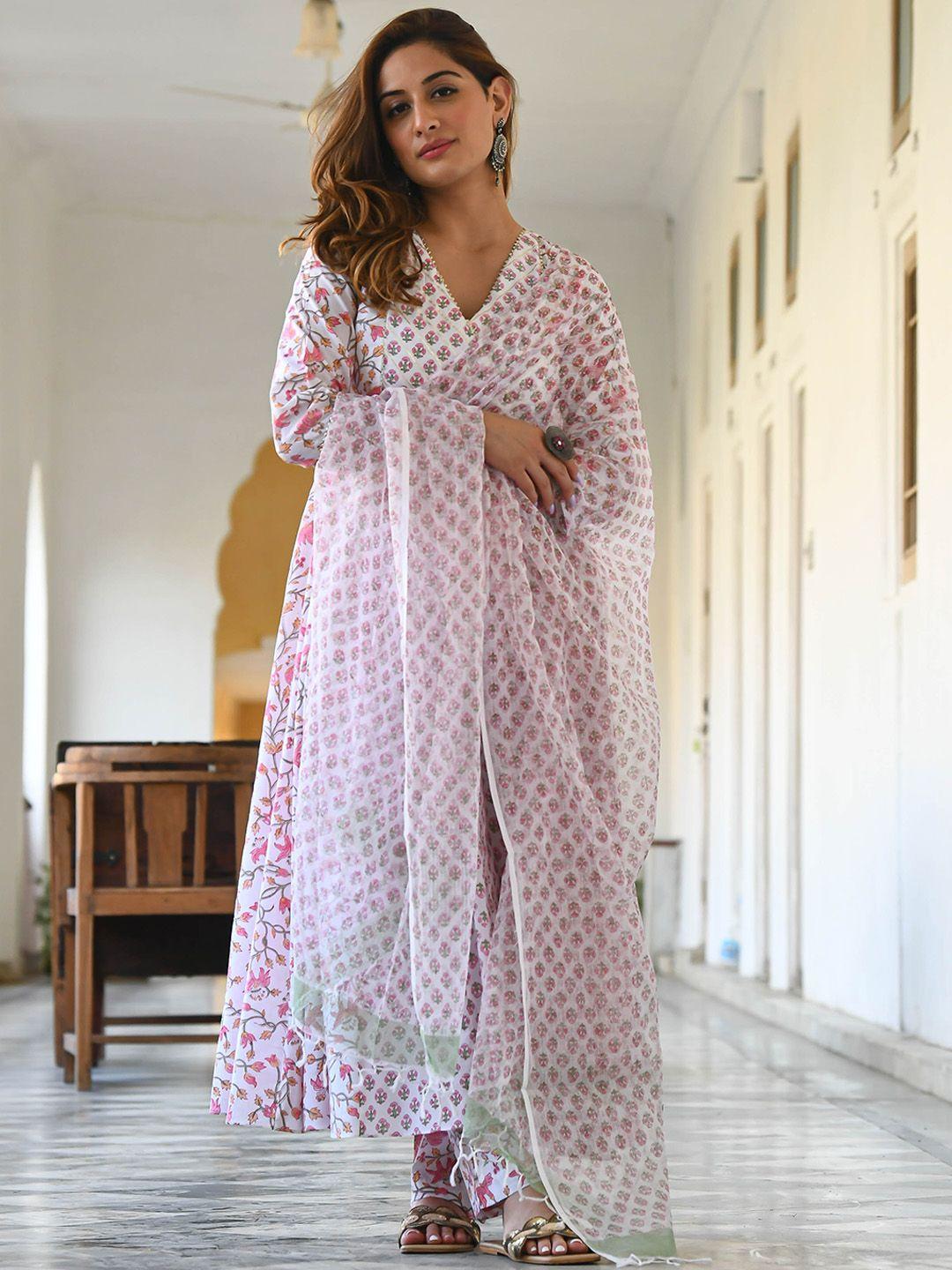 bunaai floral printed anarkali kurta with trousers & dupatta