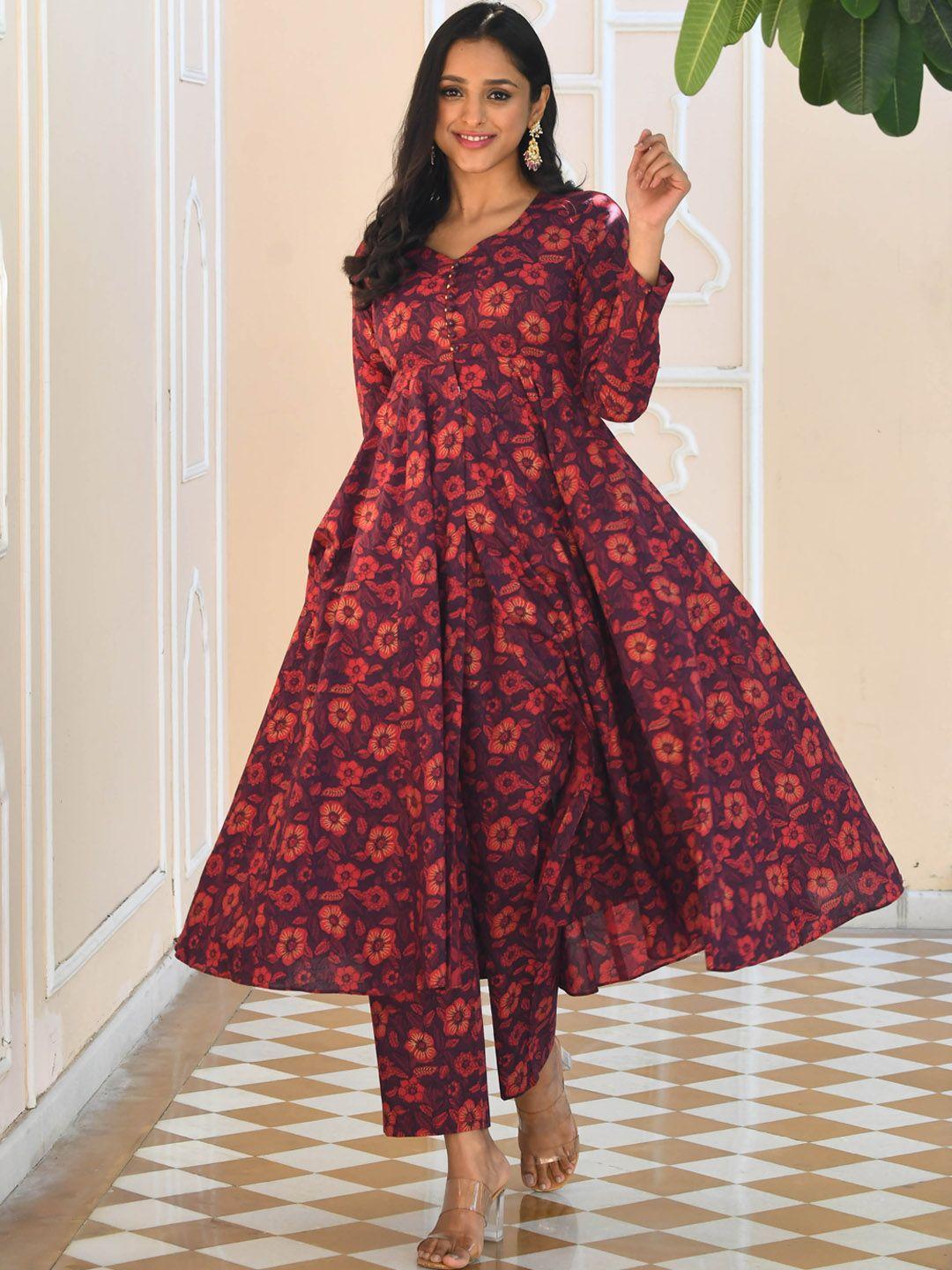 bunaai floral printed anarkali pure cotton kurta with trousers