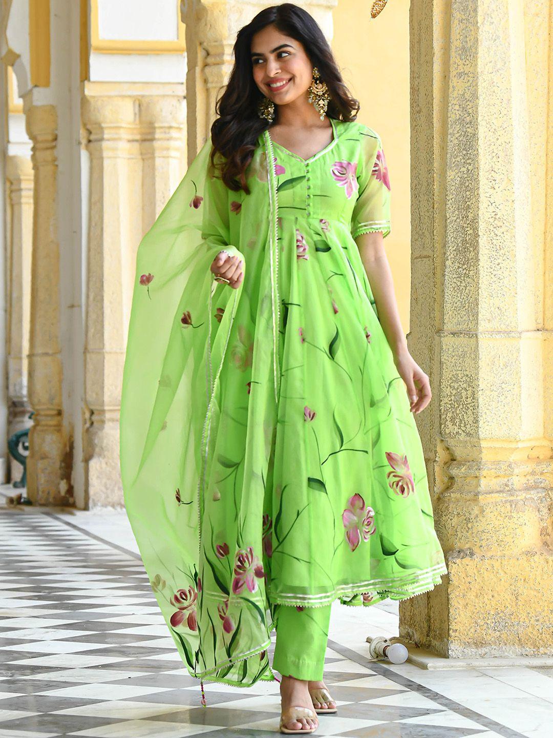 bunaai floral printed gotta patti anarkali kurta with trousers & dupatta