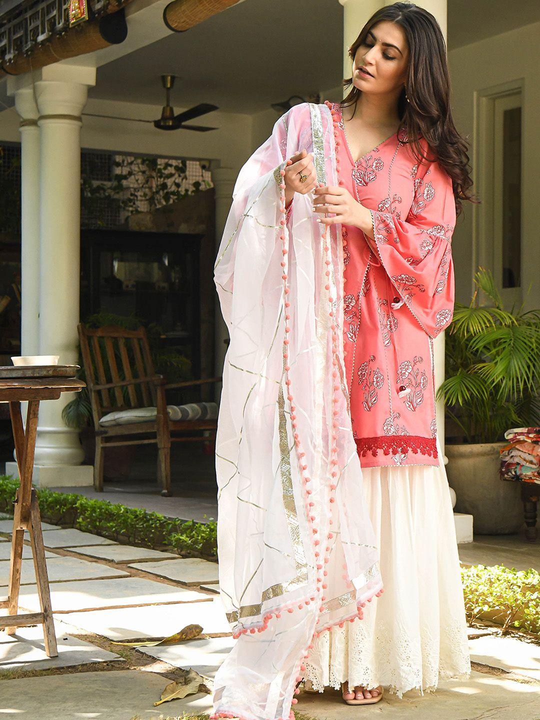 bunaai floral printed pure cotton kurta with sharara & dupatta