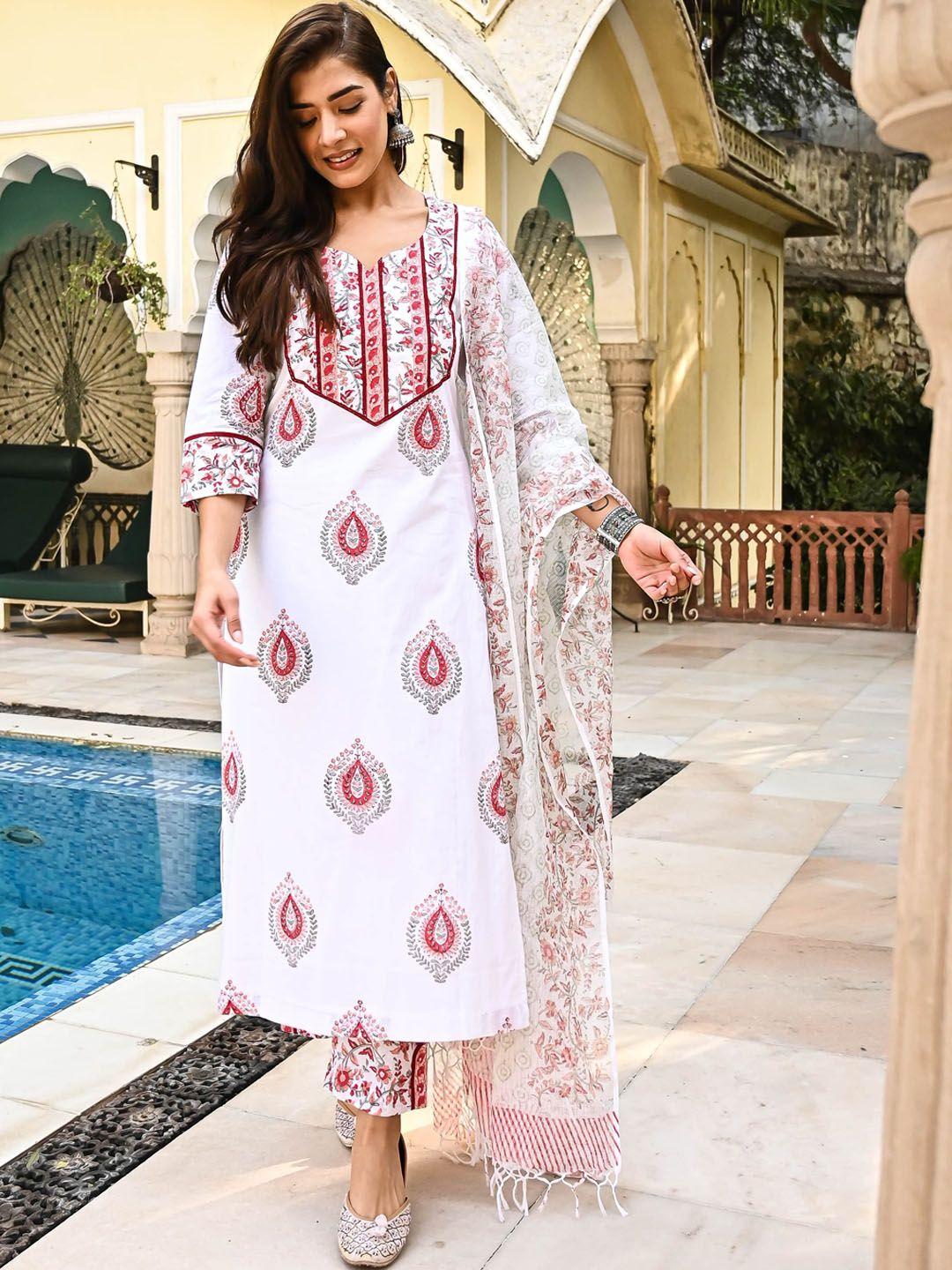 bunaai floral printed pure cotton kurta with trousers & dupatta