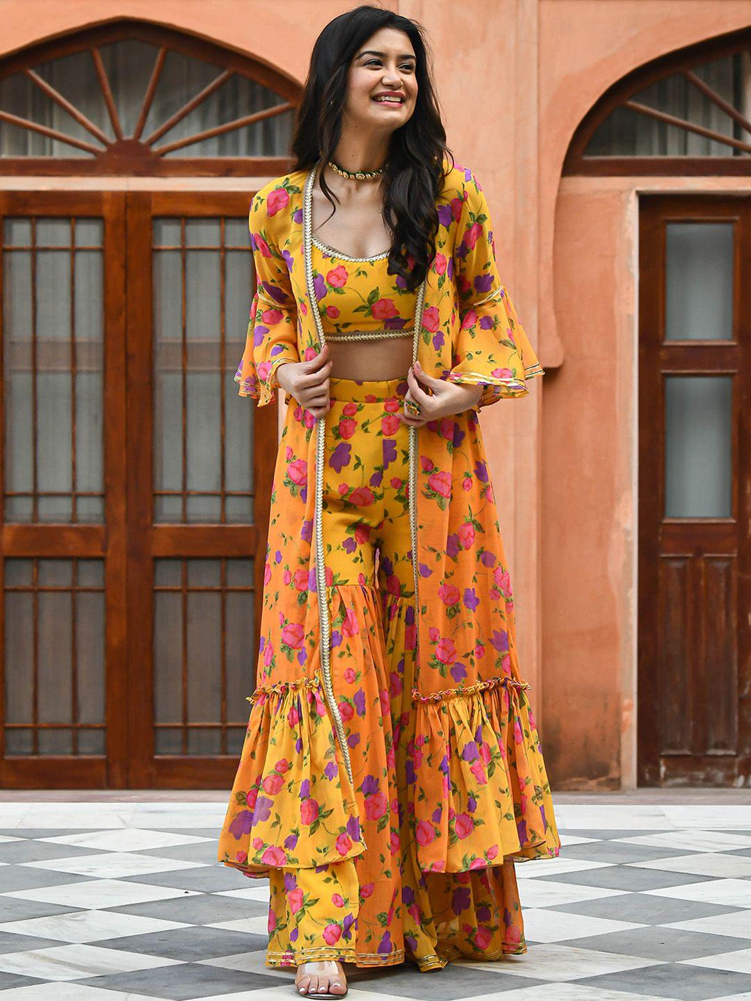 bunaai floral printed regular top with sharara & jacket