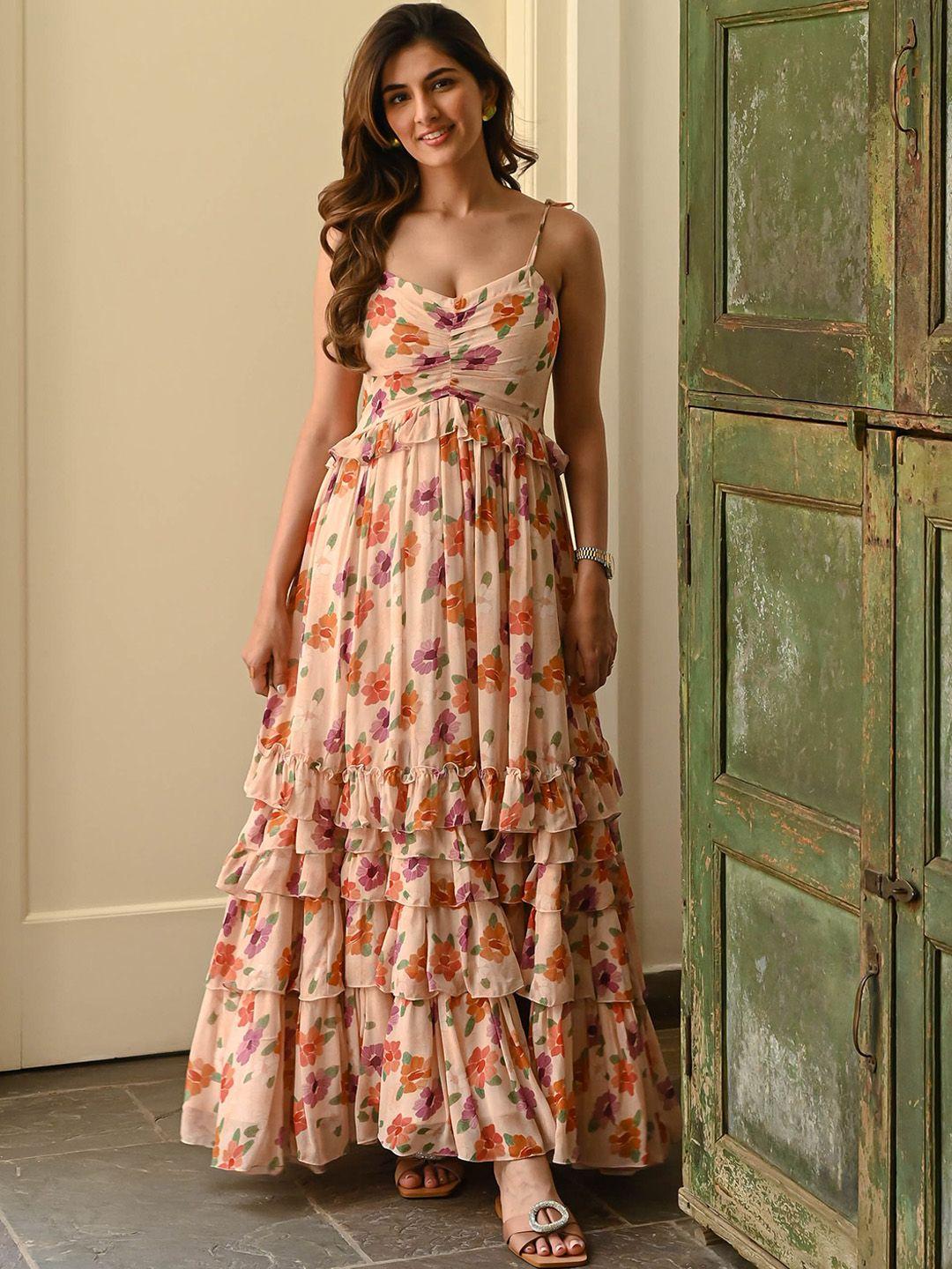 bunaai floral printed shoulder straps ruffled smocked & layered georgette maxi dress