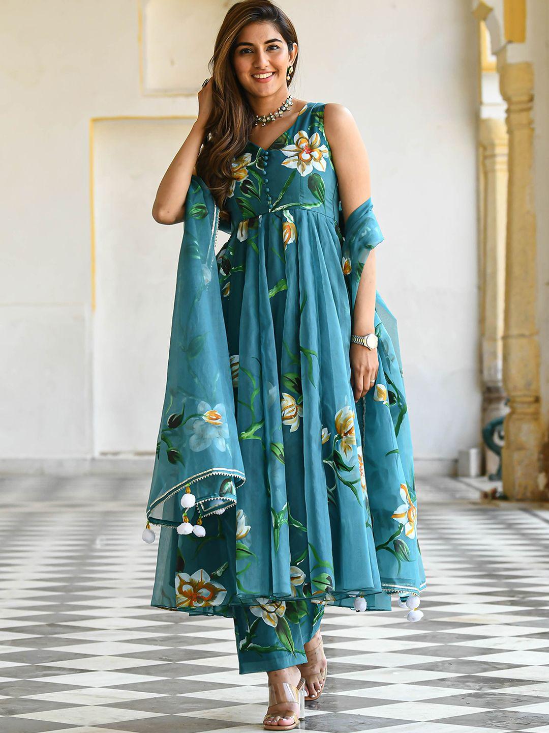 bunaai floral printed sleeveless empire kurta with trousers & with dupatta