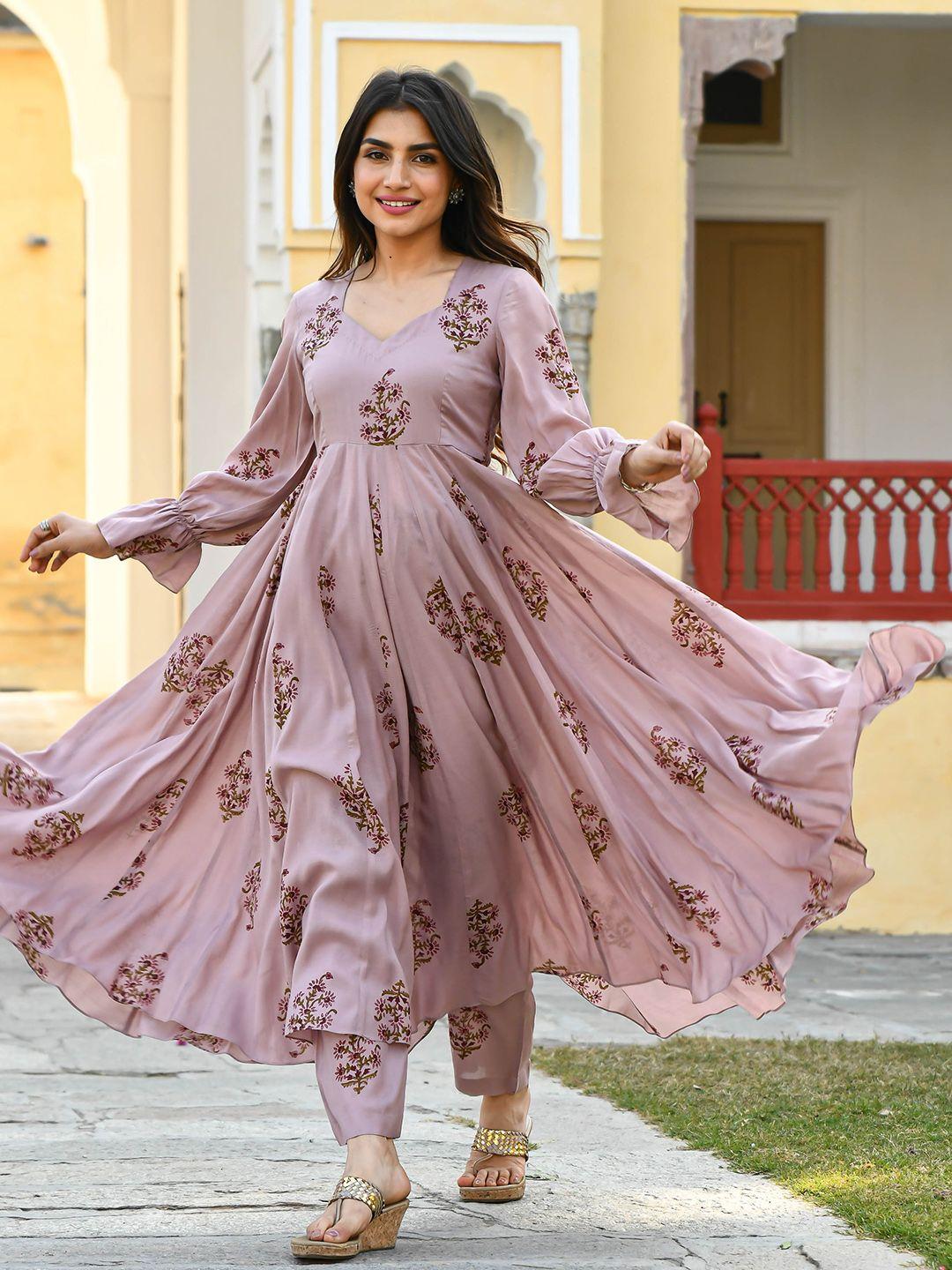 bunaai floral printed v-neck anarkali kurta with trousers