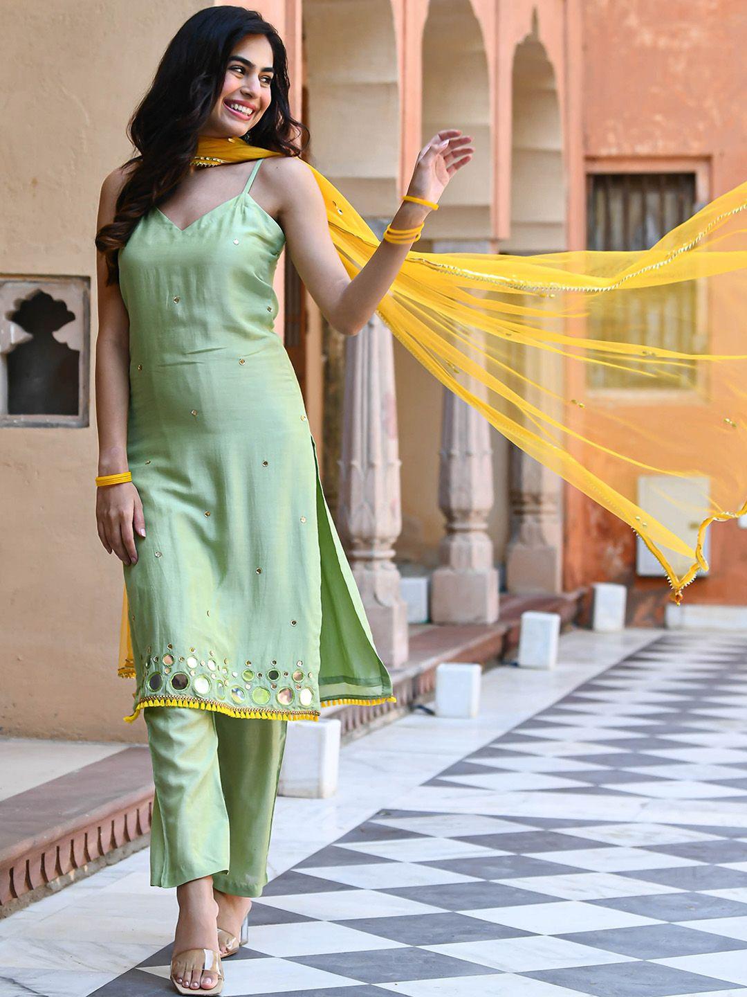 bunaai gotta patti mirror work kurta with trousers & dupatta