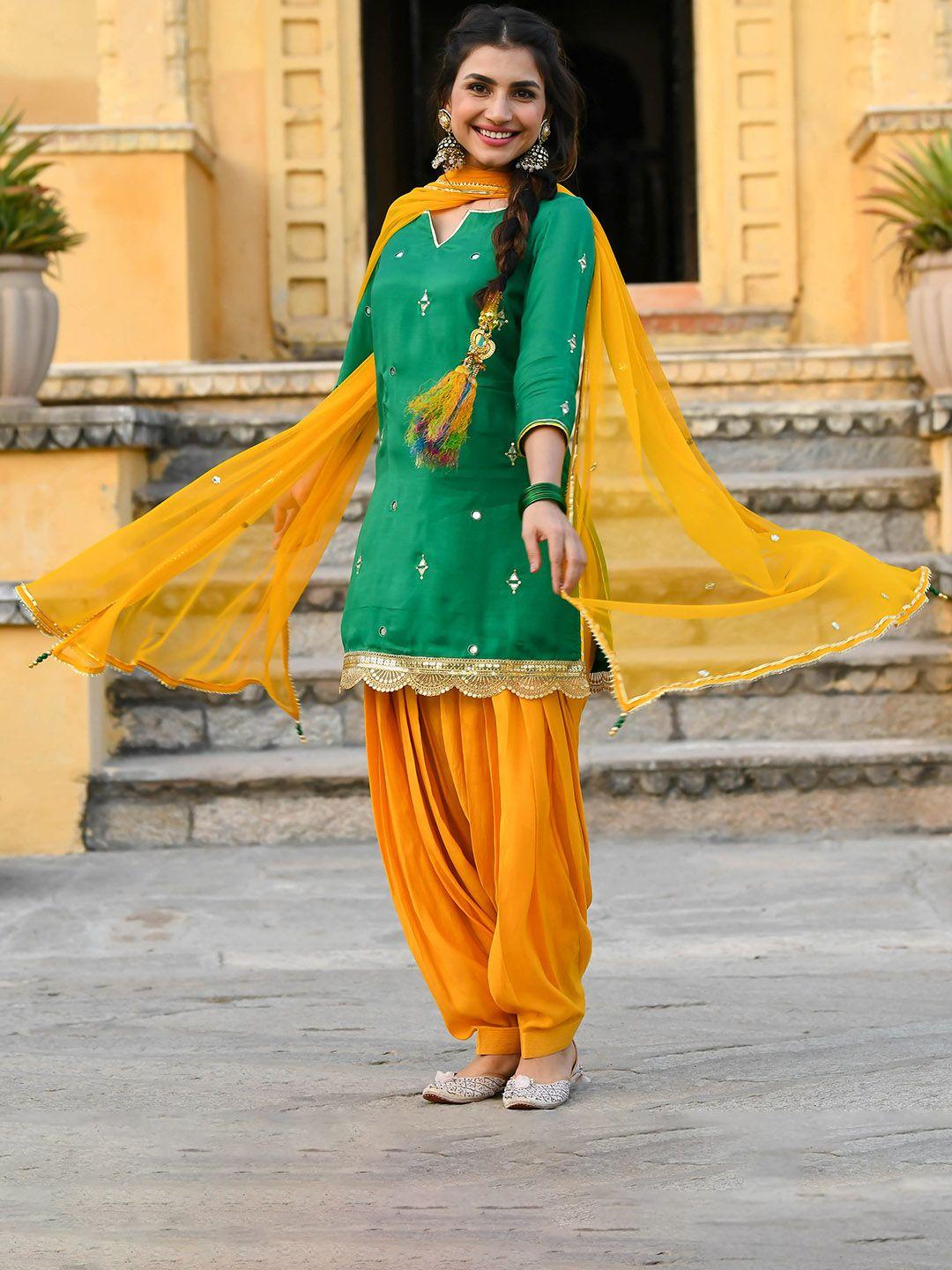 bunaai mirror work gotta patti kurti with patiala & dupatta