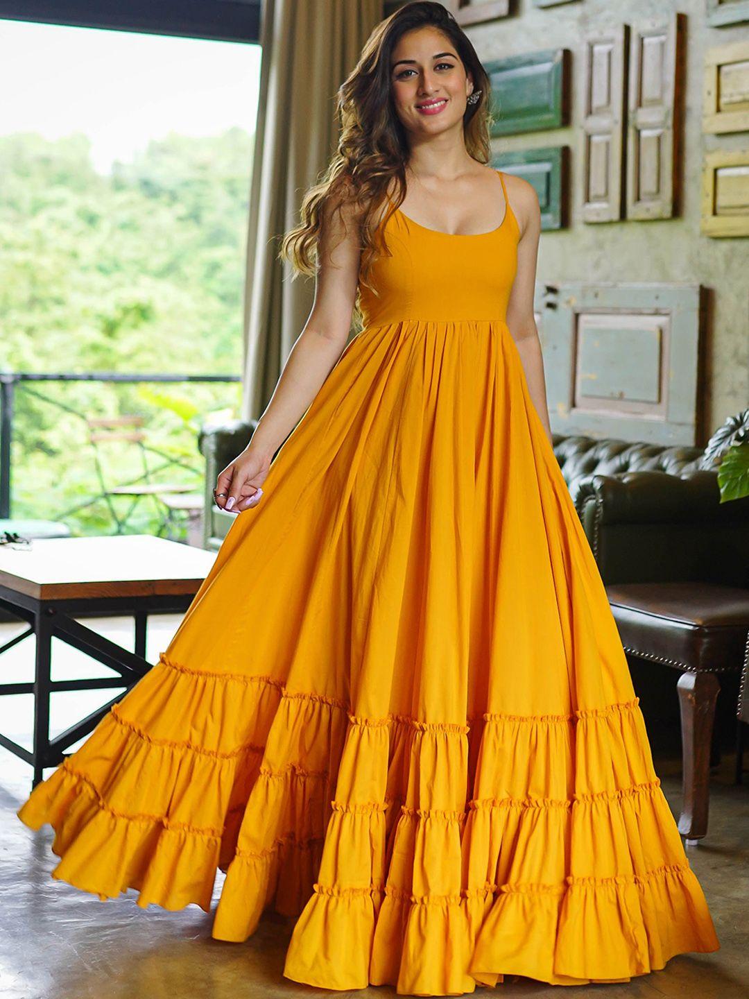 bunaai mustard yellow tiered fit & flared pure cotton maxi-length ethnic dress