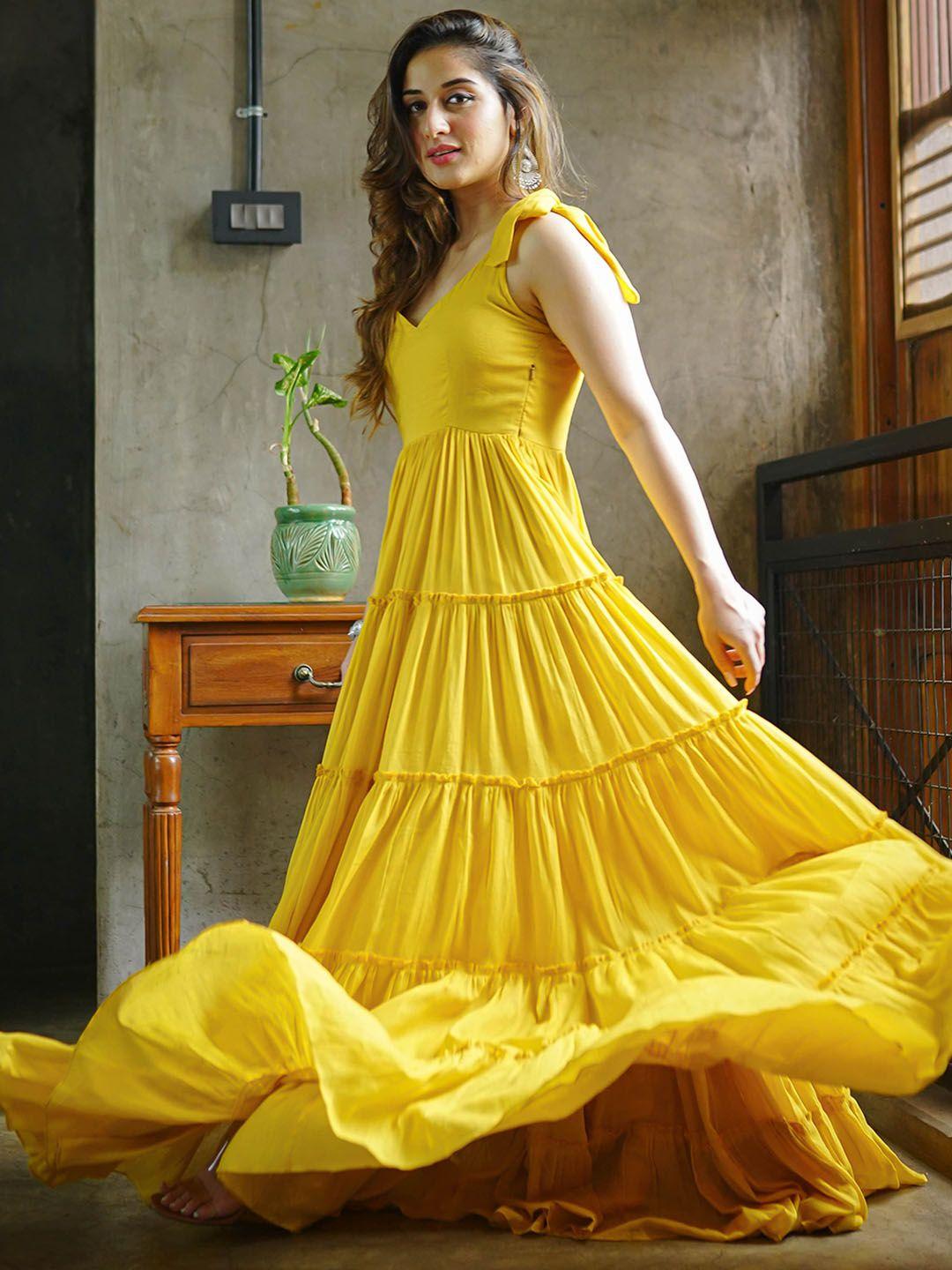 bunaai rylee yellow cotton tiered fit & flare maxi ethnic dress
