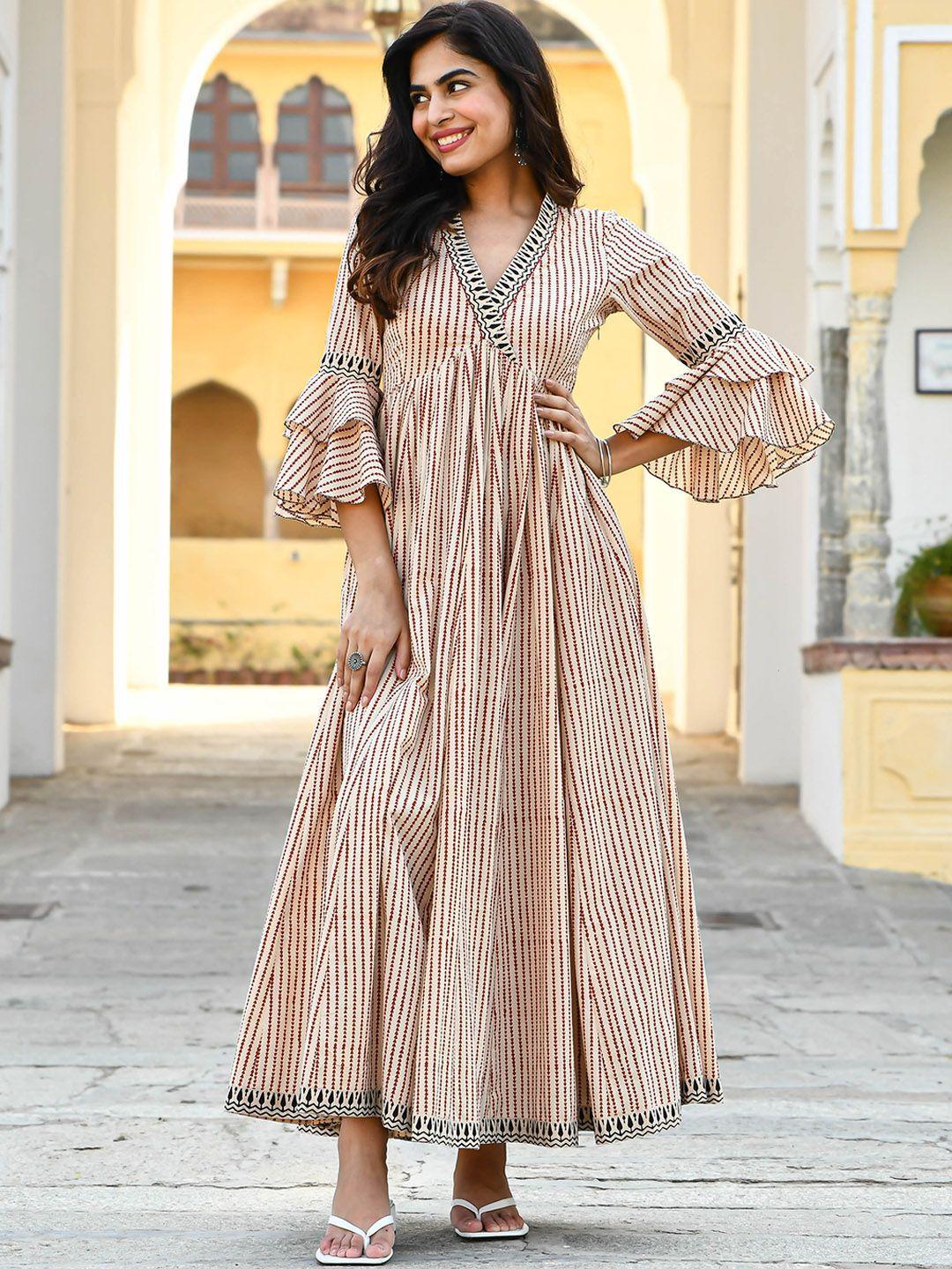 bunaai striped fit & flare cotton maxi ethnic dresses