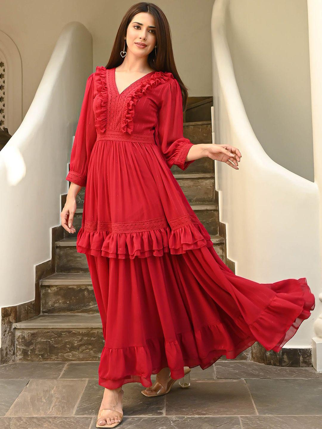 bunaai v-neck layered ruffled georgette fit & flare dress