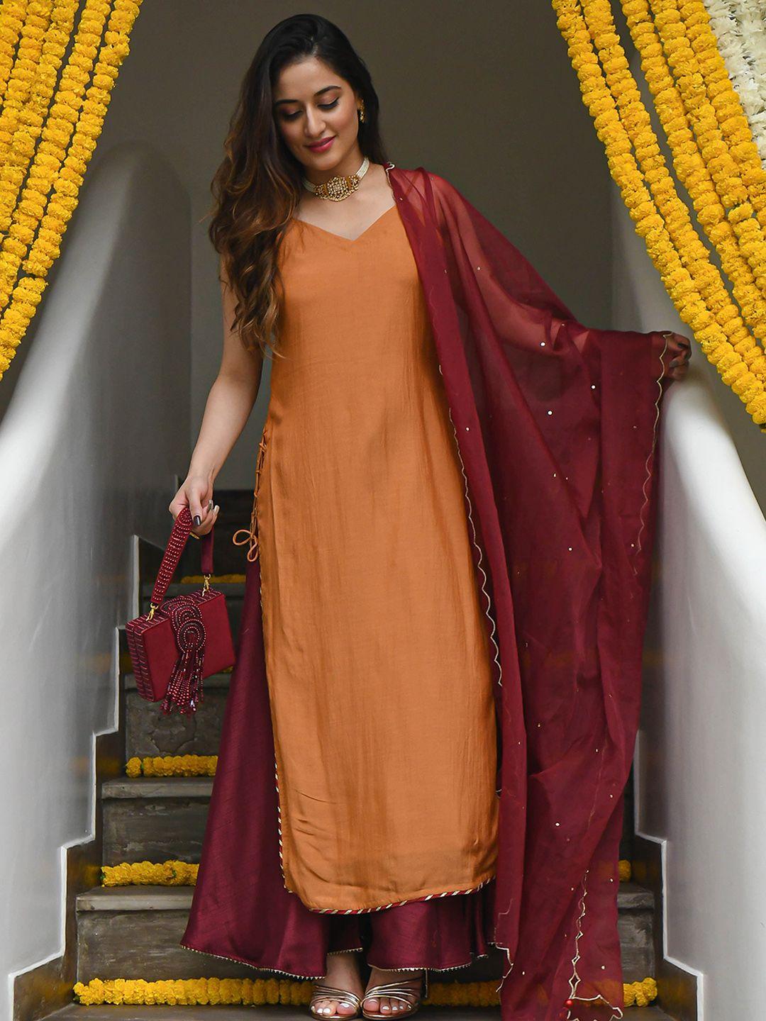 bunaai v-neck pure cotton kurta with palazzos & dupatta