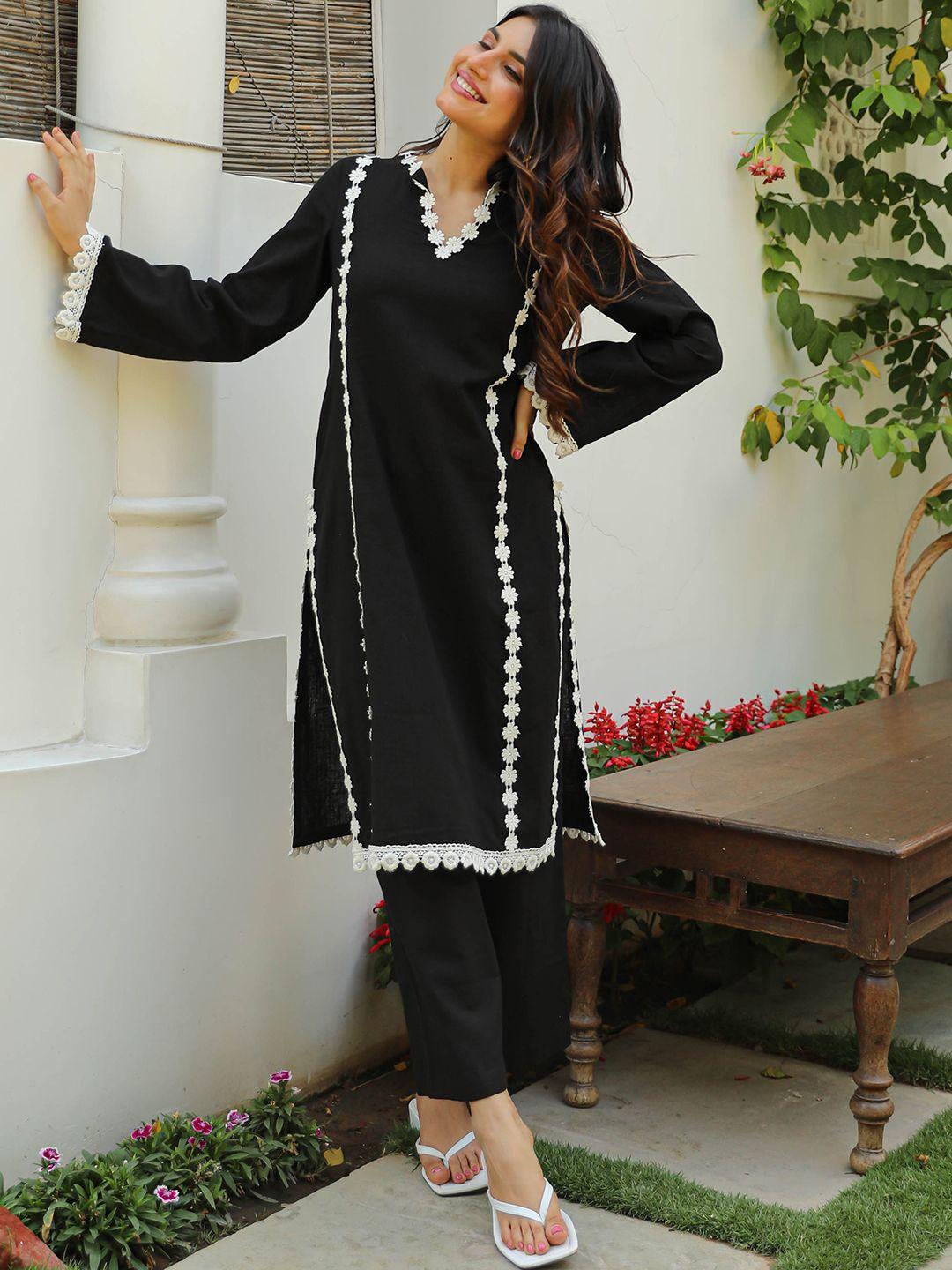 bunaai v-neck regular straight kurta with trousers