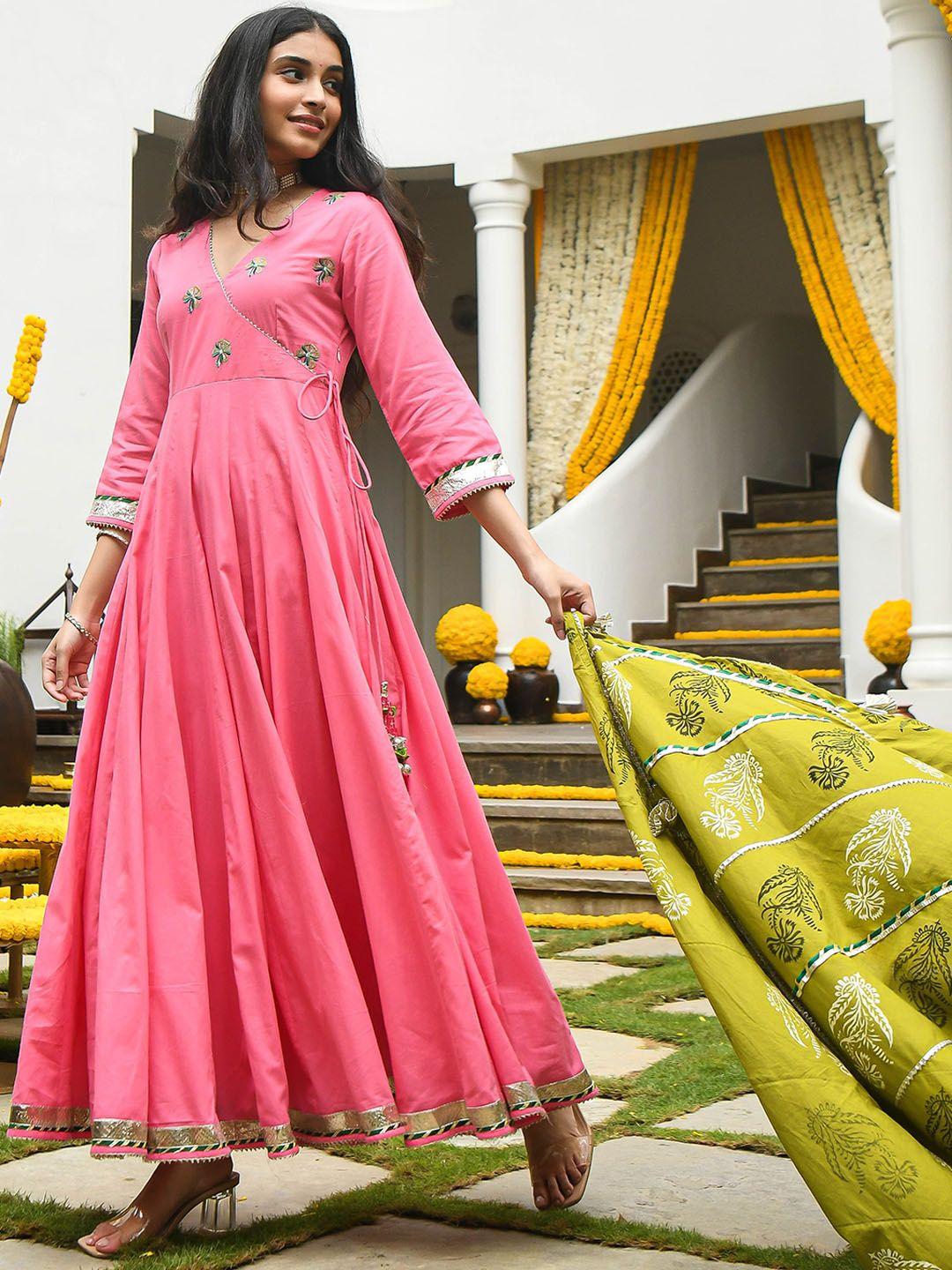 bunaai varahi women pink & green pure cotton embroidered ethnic dress with dupatta