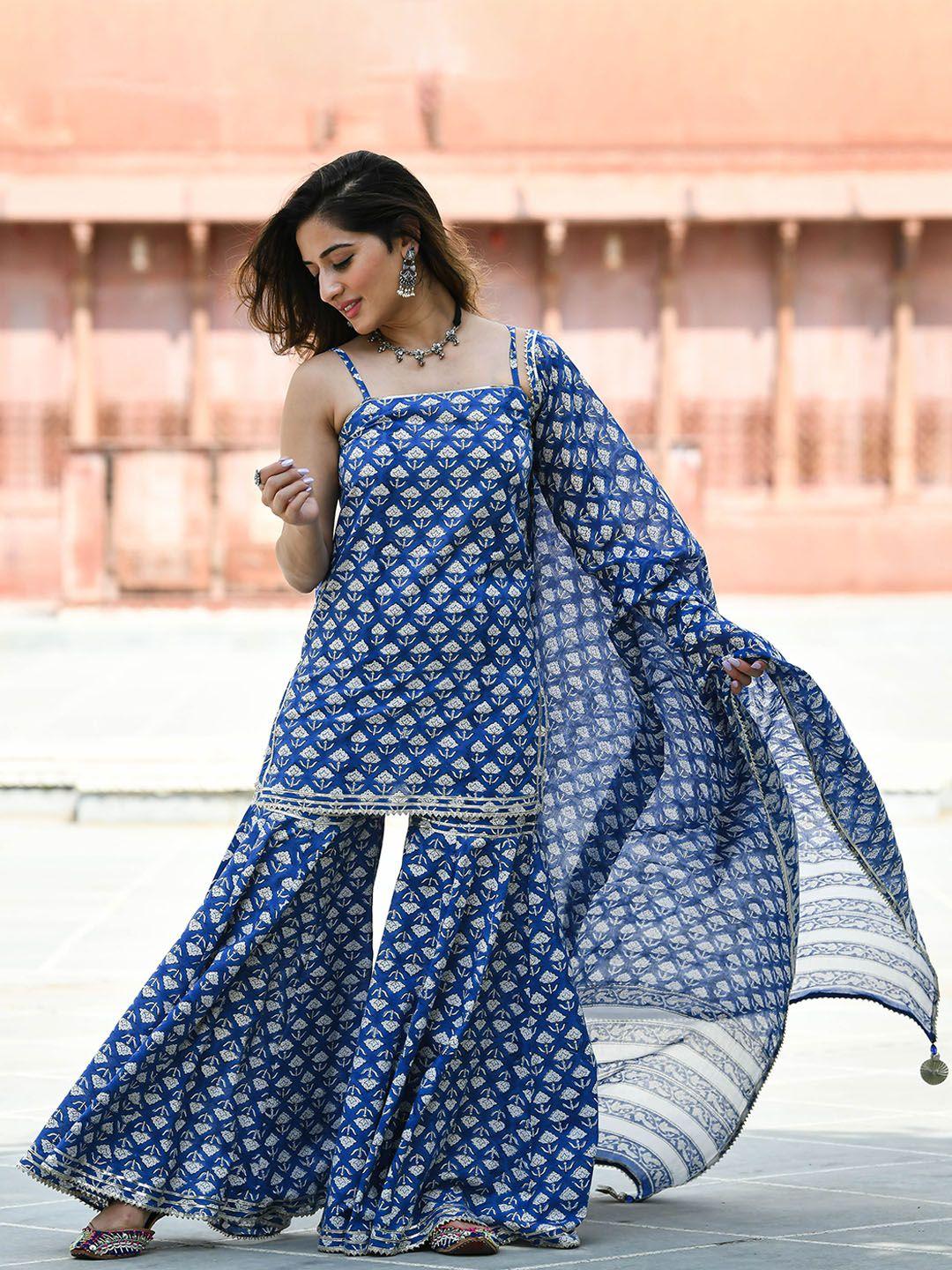 bunaai women blue ethnic motifs printed gotta patti pure cotton kurta with sharara & with dupatta