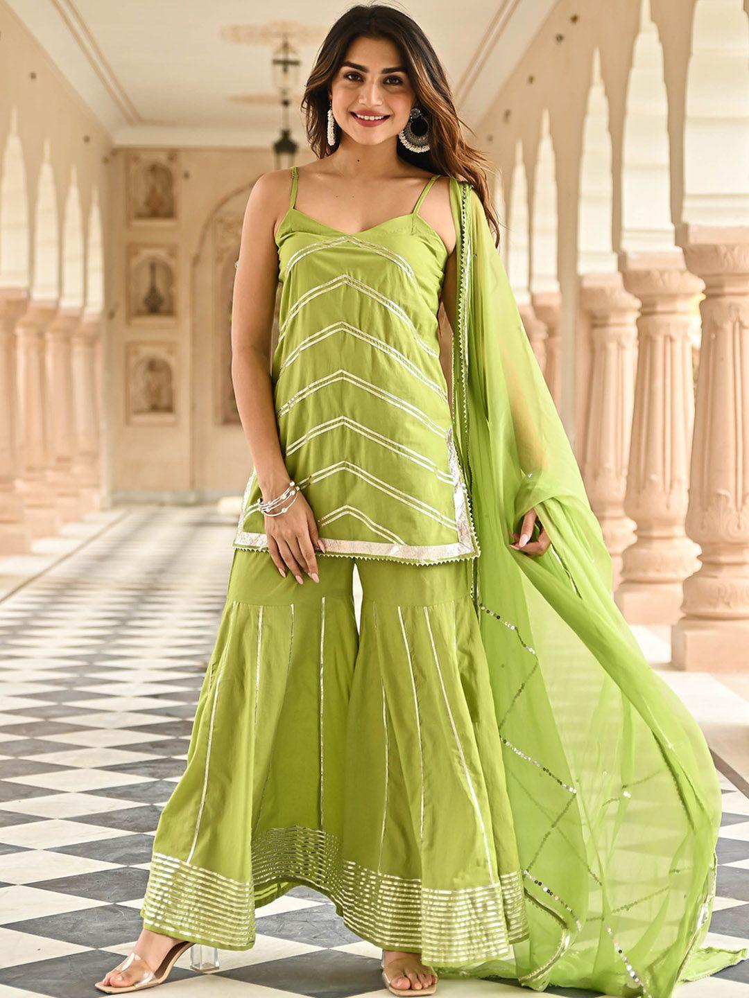 bunaai women green embroidered gotta patti pure cotton kurti with sharara & with dupatta