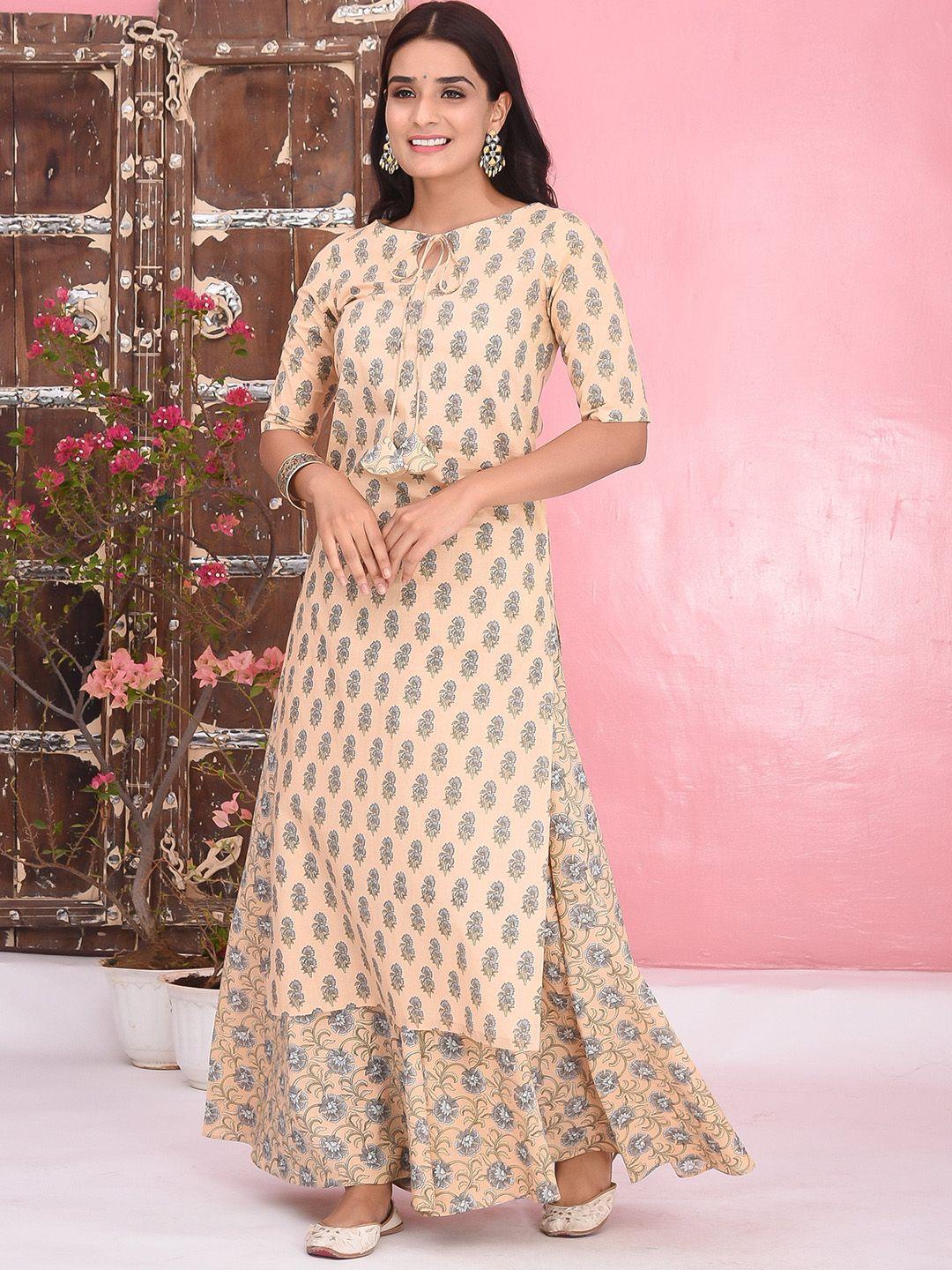 bunaai women peach-coloured floral printed pure cotton kurta with palazzos