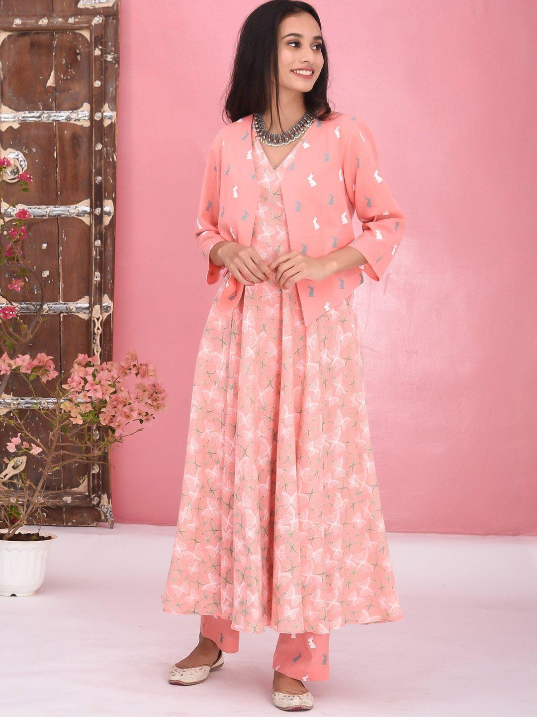 bunaai women pink animal printed pure cotton kurta with trousers