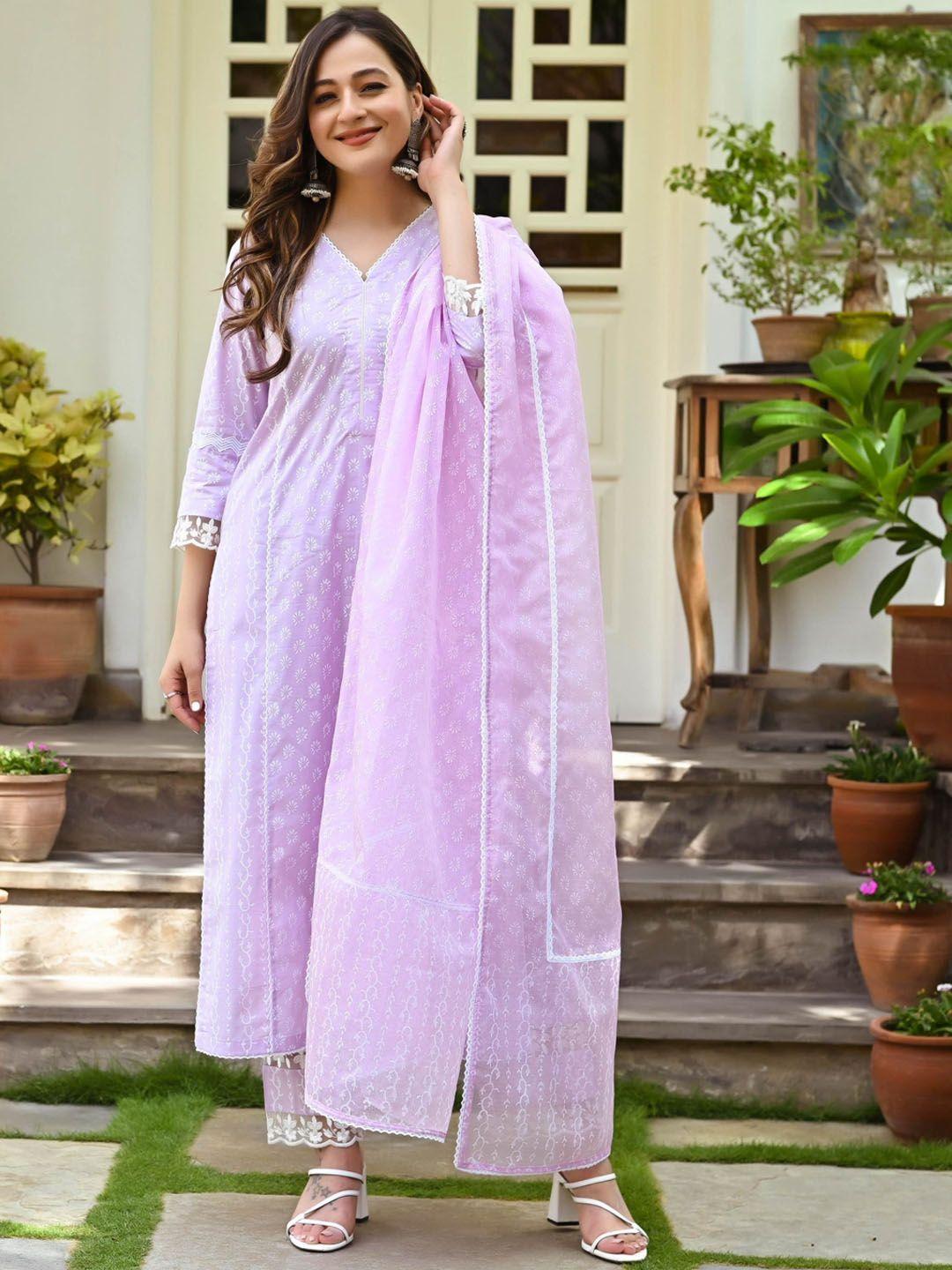 bunaai women purple floral printed pure cotton kurta with trousers & with dupatta