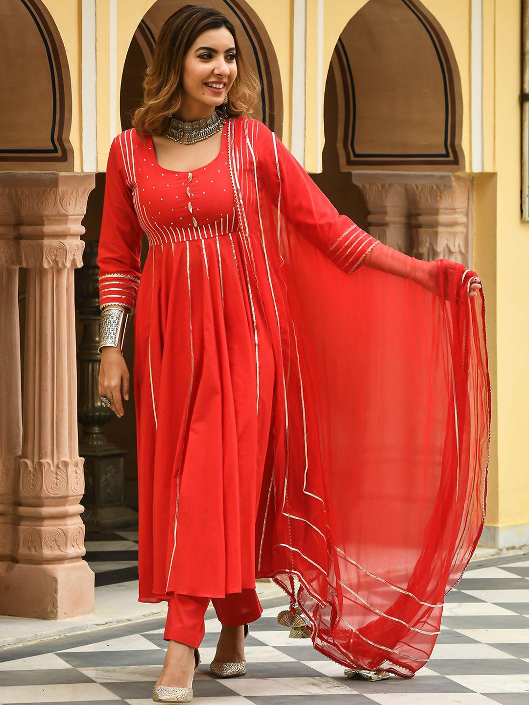 bunaai women red panelled gotta patti pure cotton kurta with trousers & with dupatta