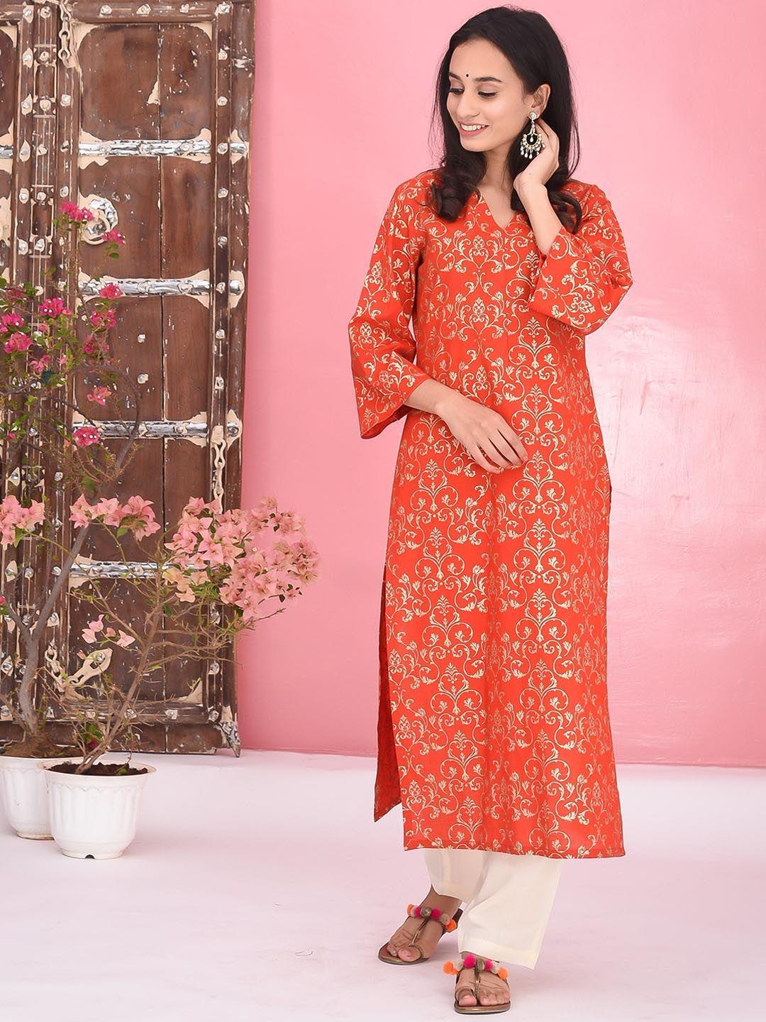 bunaai women red printed pure cotton kurta with palazzos