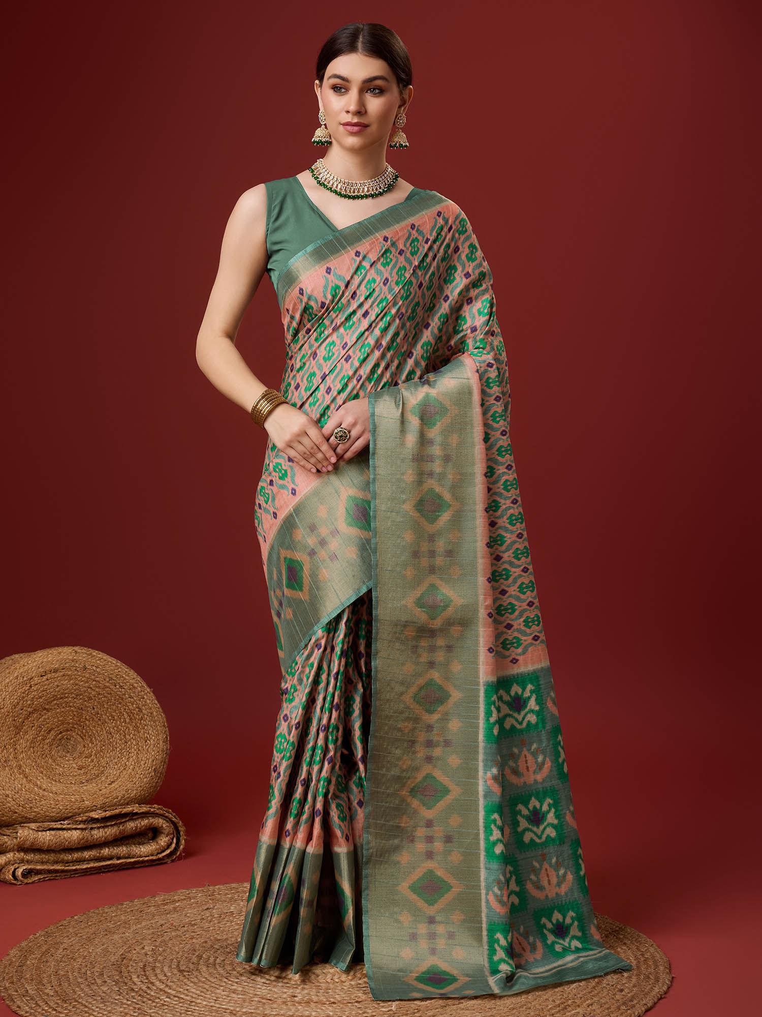 bunawat green cotton digital print traditional saree with unstitched blouse