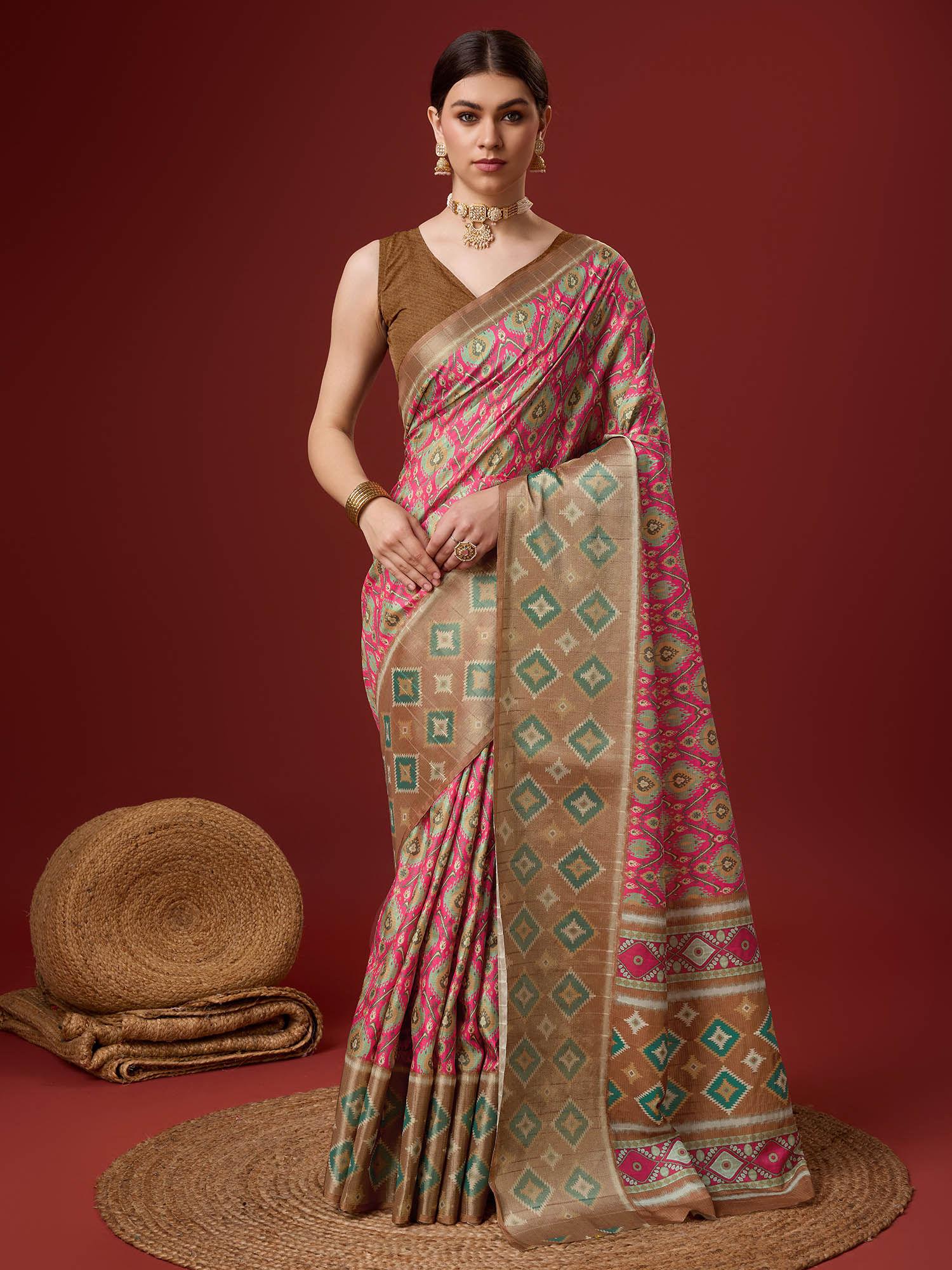 bunawat pink cotton digital print traditional saree with unstitched blouse