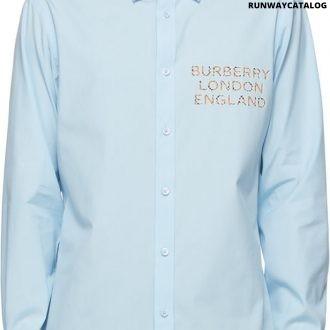 burberry blue stretch poplin logo appliqué shirt