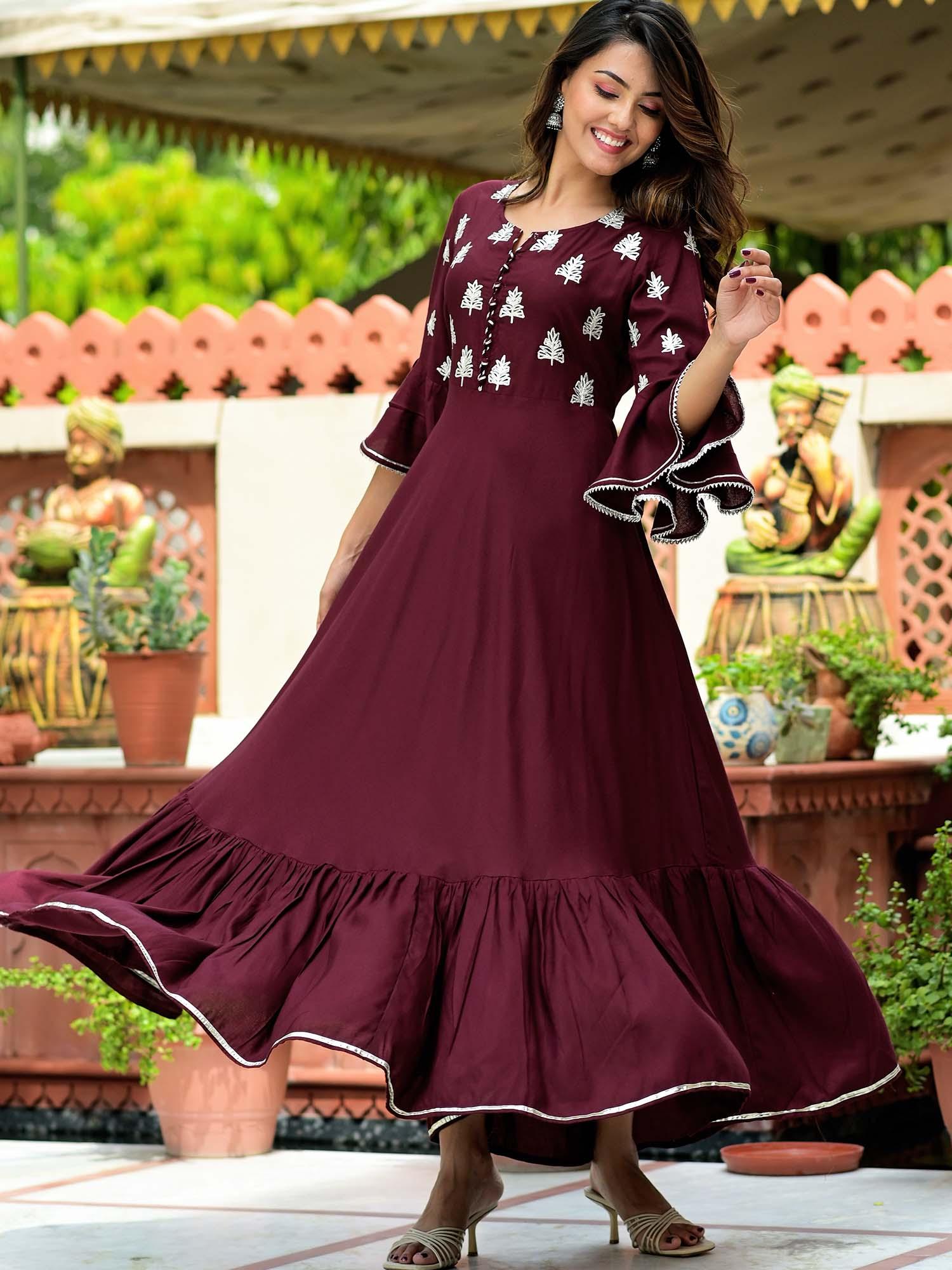 burgandy flared tiered gota work dress