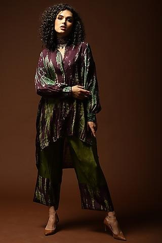 burgundy & olive green tie-dyed high-low tunic set