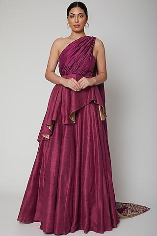 burgundy embroidered draped lehenga set