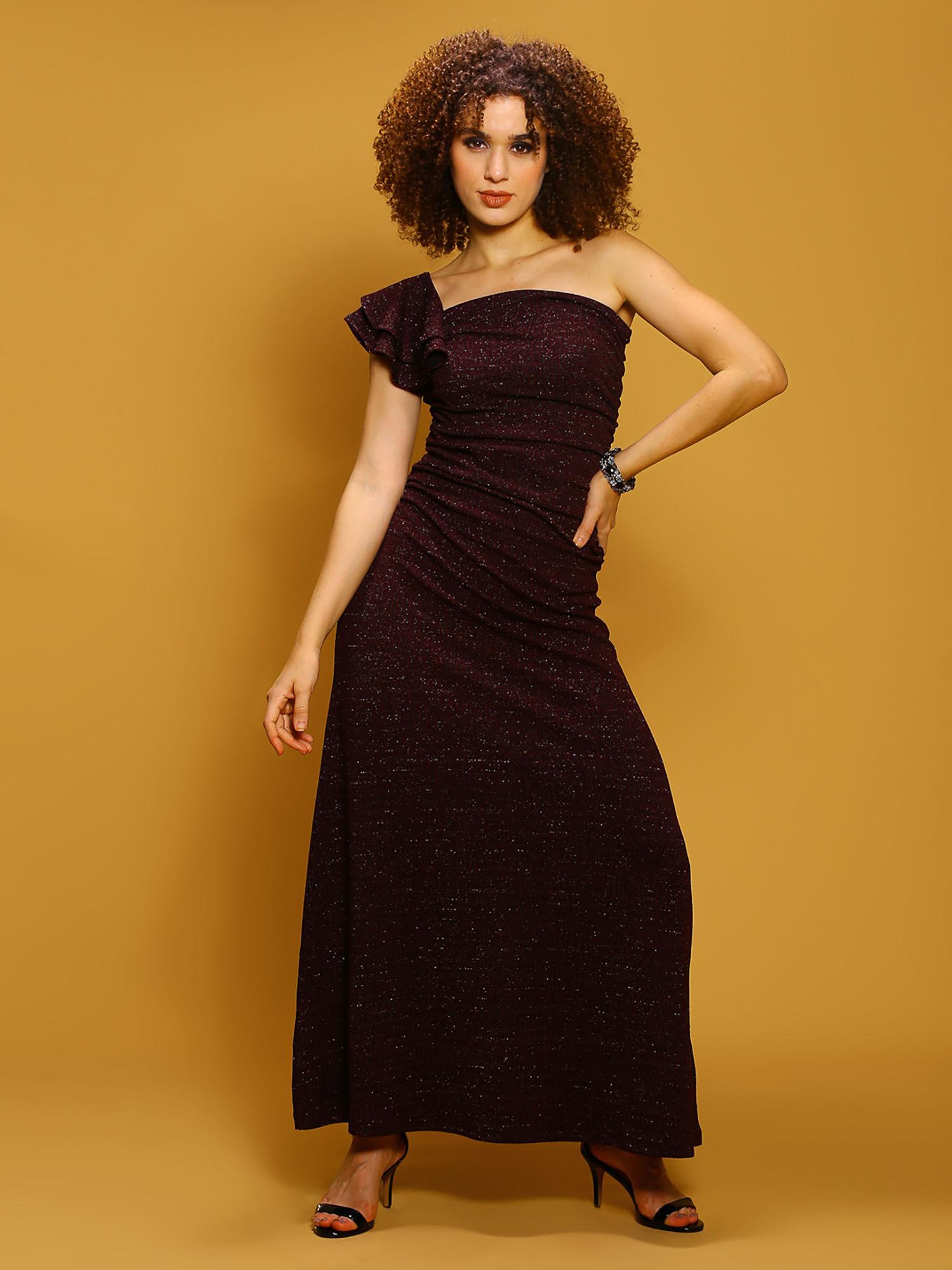 burgundy stretchable one shoulder party dress textured