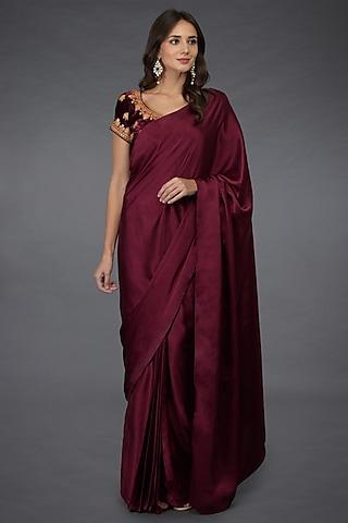 burgundy zari embroidered saree set