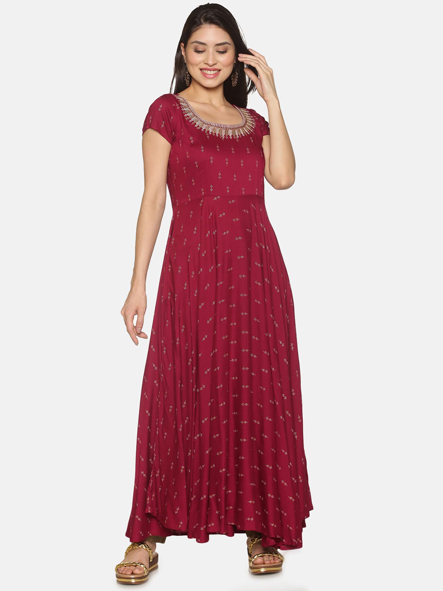 burgundy all over printed anarkali kurta with embroidered neck