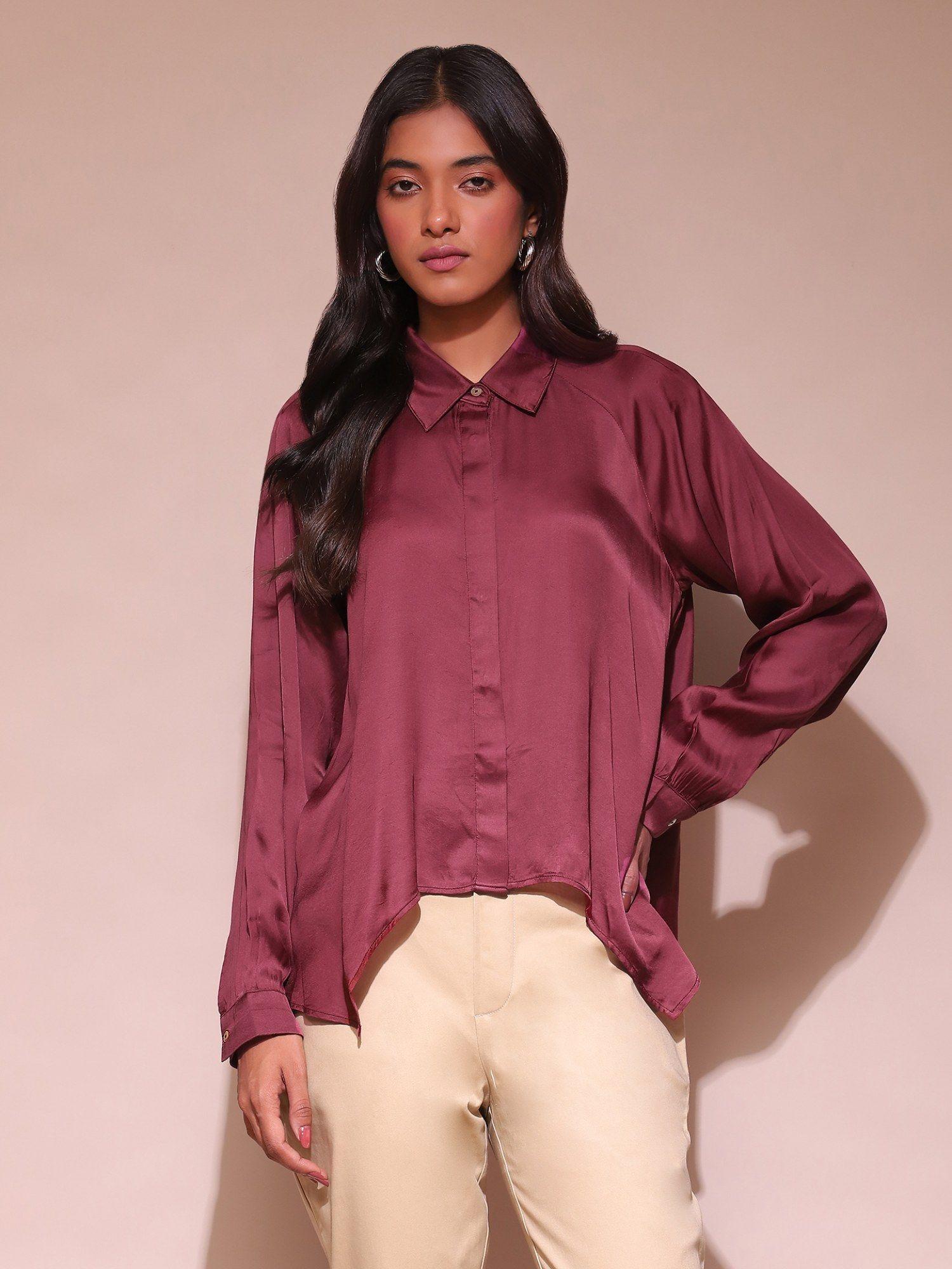 burgundy asymmetric satin shirt