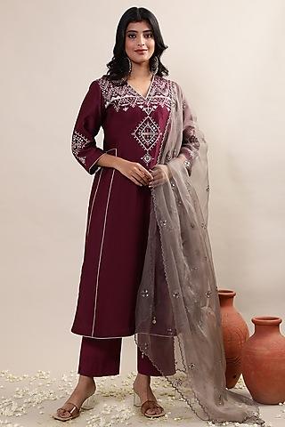 burgundy chanderi embroidered kurta set