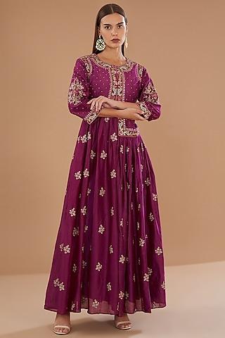 burgundy chanderi thread embroidered anarkali