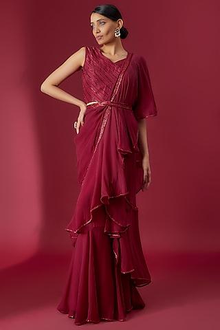 burgundy chiffon & organza hand embroidered pre-draped saree set