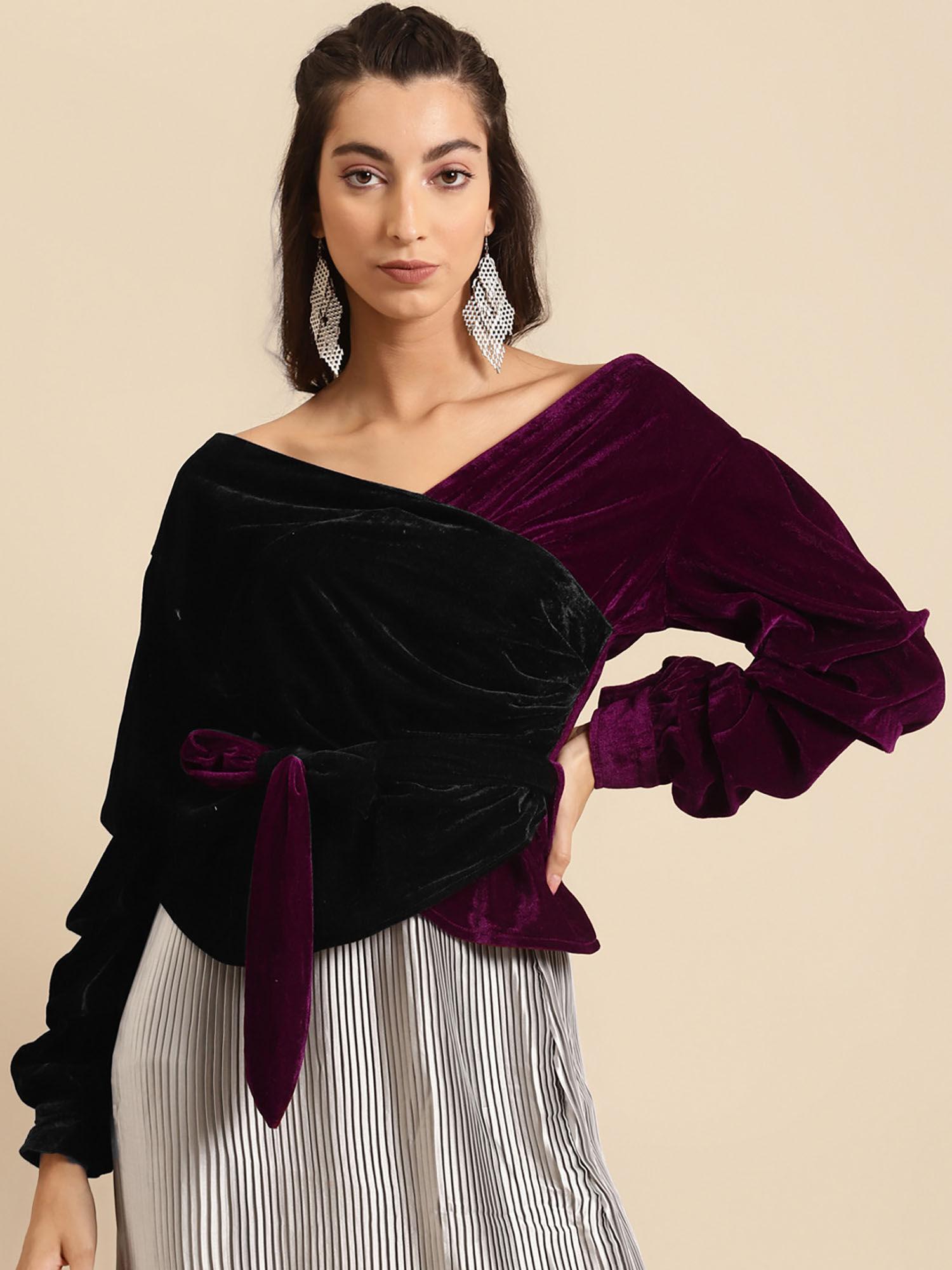 burgundy colourblocked velvet wrap top