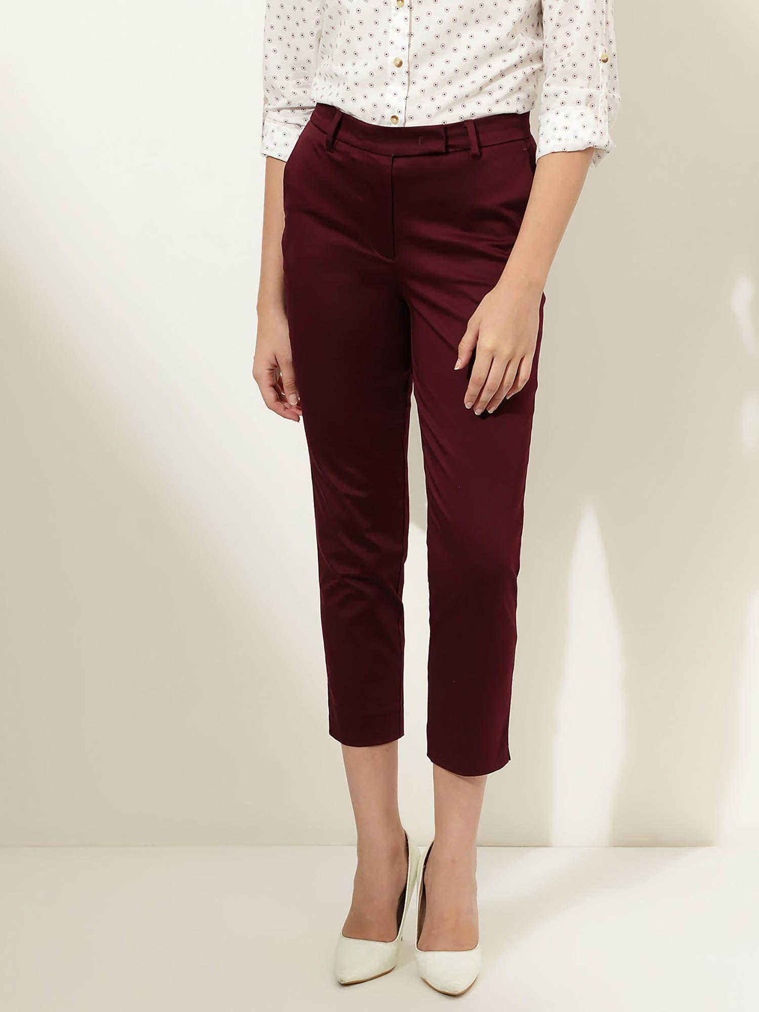 burgundy cotton blend solid slim fit pant