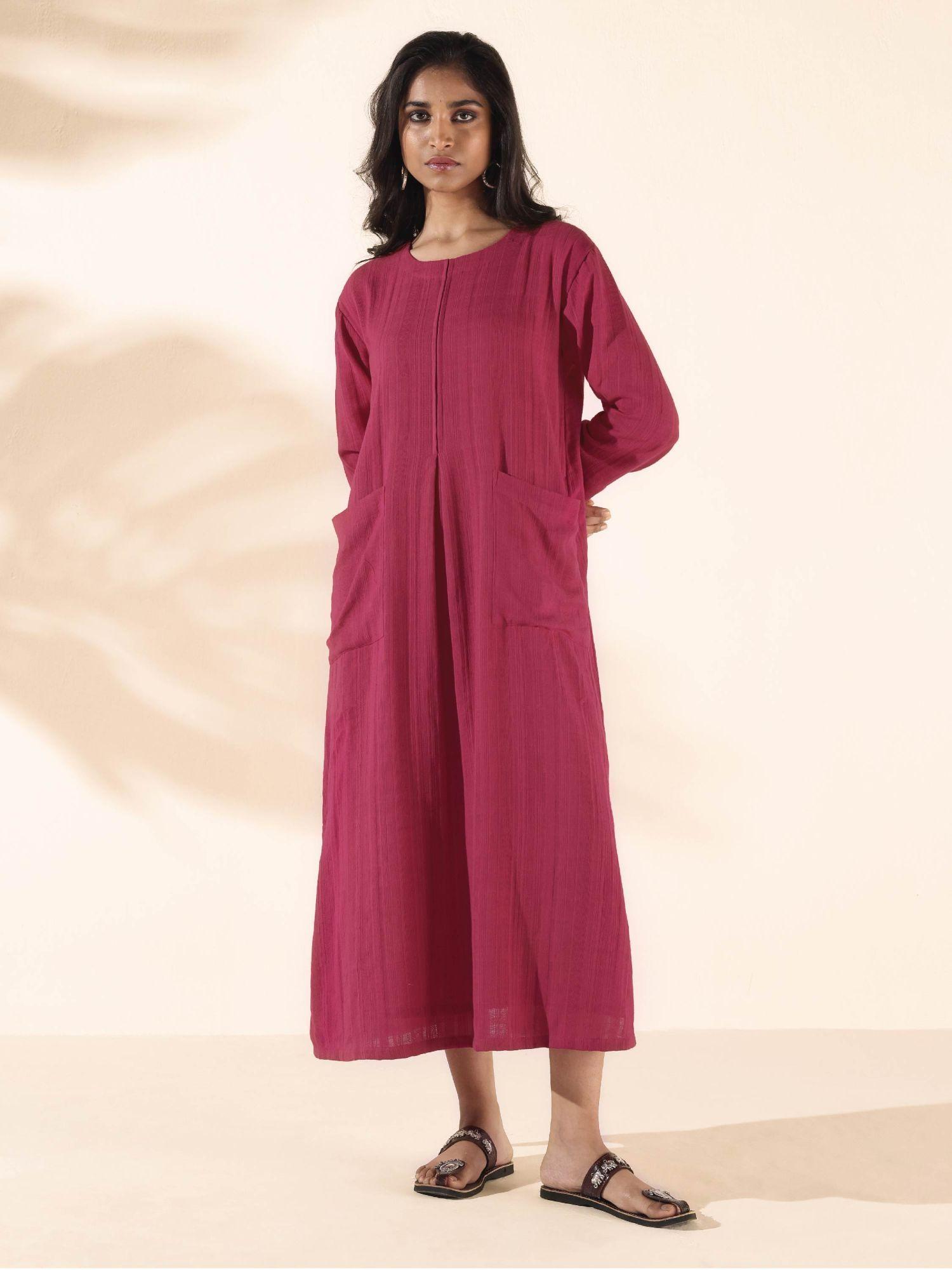 burgundy cotton dobby pocket dress