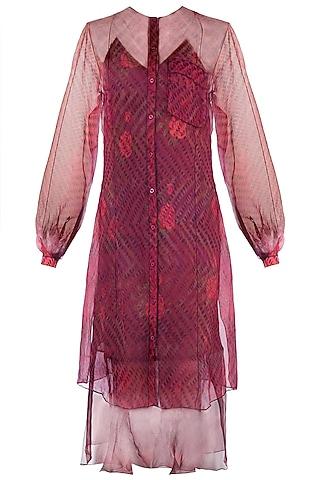 burgundy dual leheriya & rose printed sheer cape